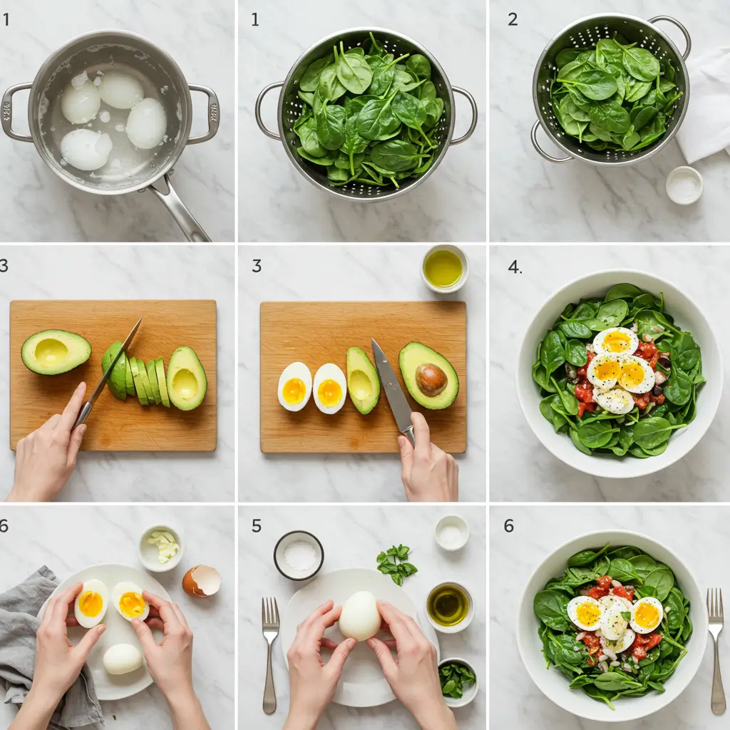 Healthy avocado egg and spinach salad in white bowl with sliced avocado and hard-boiled eggs on fresh spinach leaves