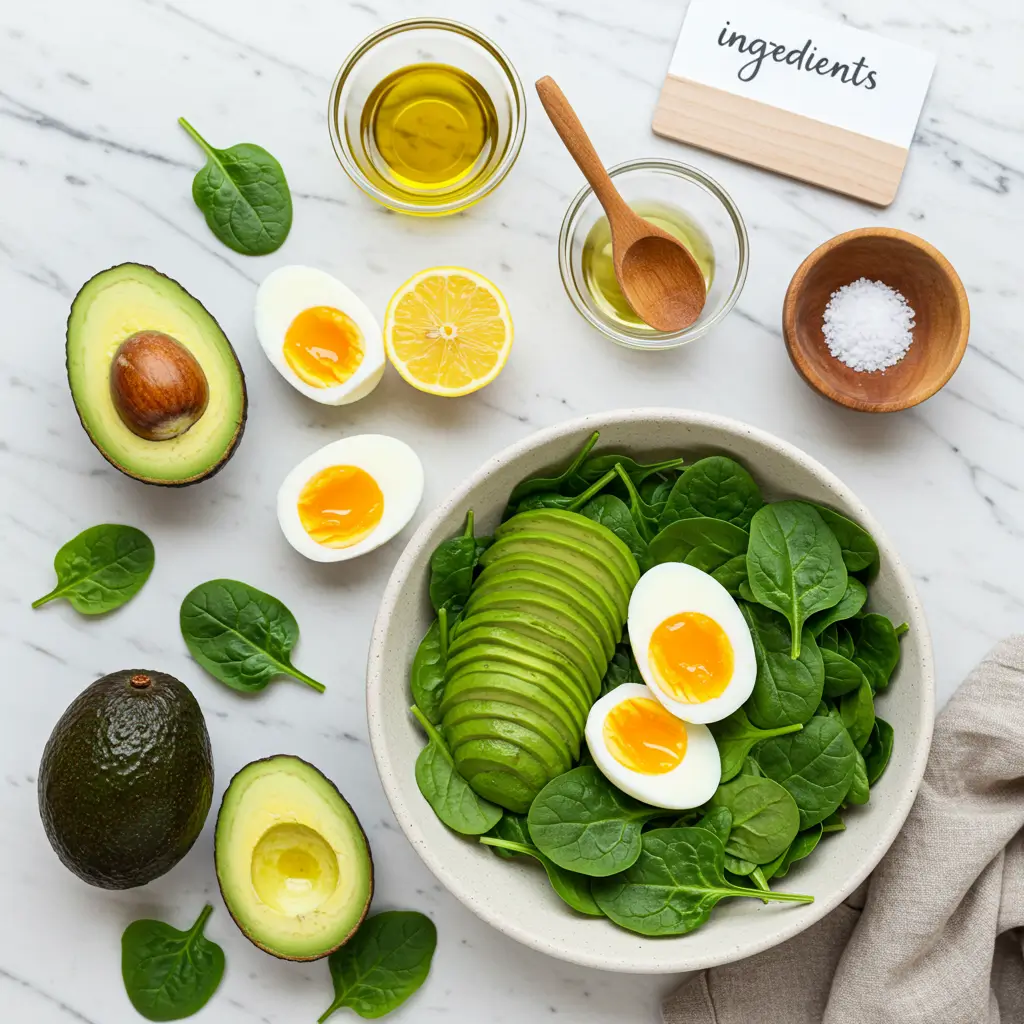 Healthy avocado egg and spinach salad in white bowl with sliced avocado and hard-boiled eggs on fresh spinach leaves