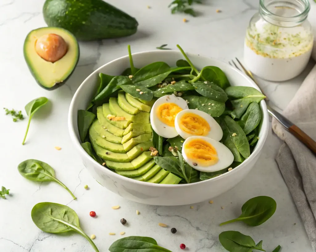 Healthy avocado egg and spinach salad in white bowl with sliced avocado and hard-boiled eggs on fresh spinach leaves