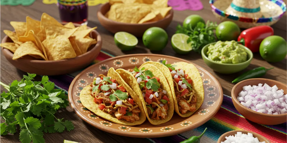 Colorful Cinco de Mayo feast with traditional Mexican dishes including tacos, guacamole, and margaritas