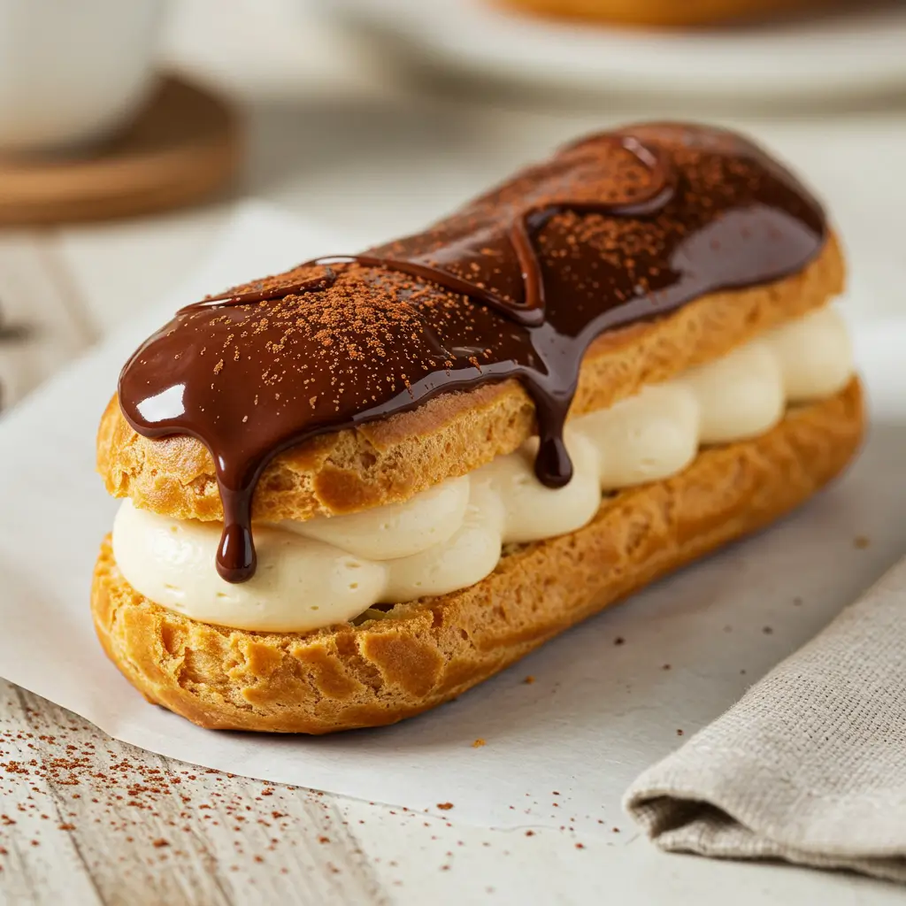Flat lay showing Eclair Tiramisu recipe in progress: piped choux, baked shells, tiramisu cream, hands filling an eclair, and finished chocolate-glazed Eclair Tiramisu