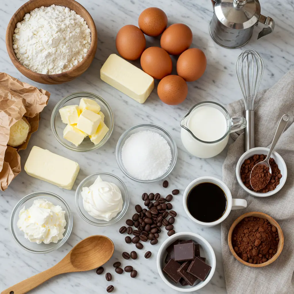 Hands assembling an Eclair Tiramisu, surrounded by ingredients and various stages of the recipe like baked shells and tiramisu filling."