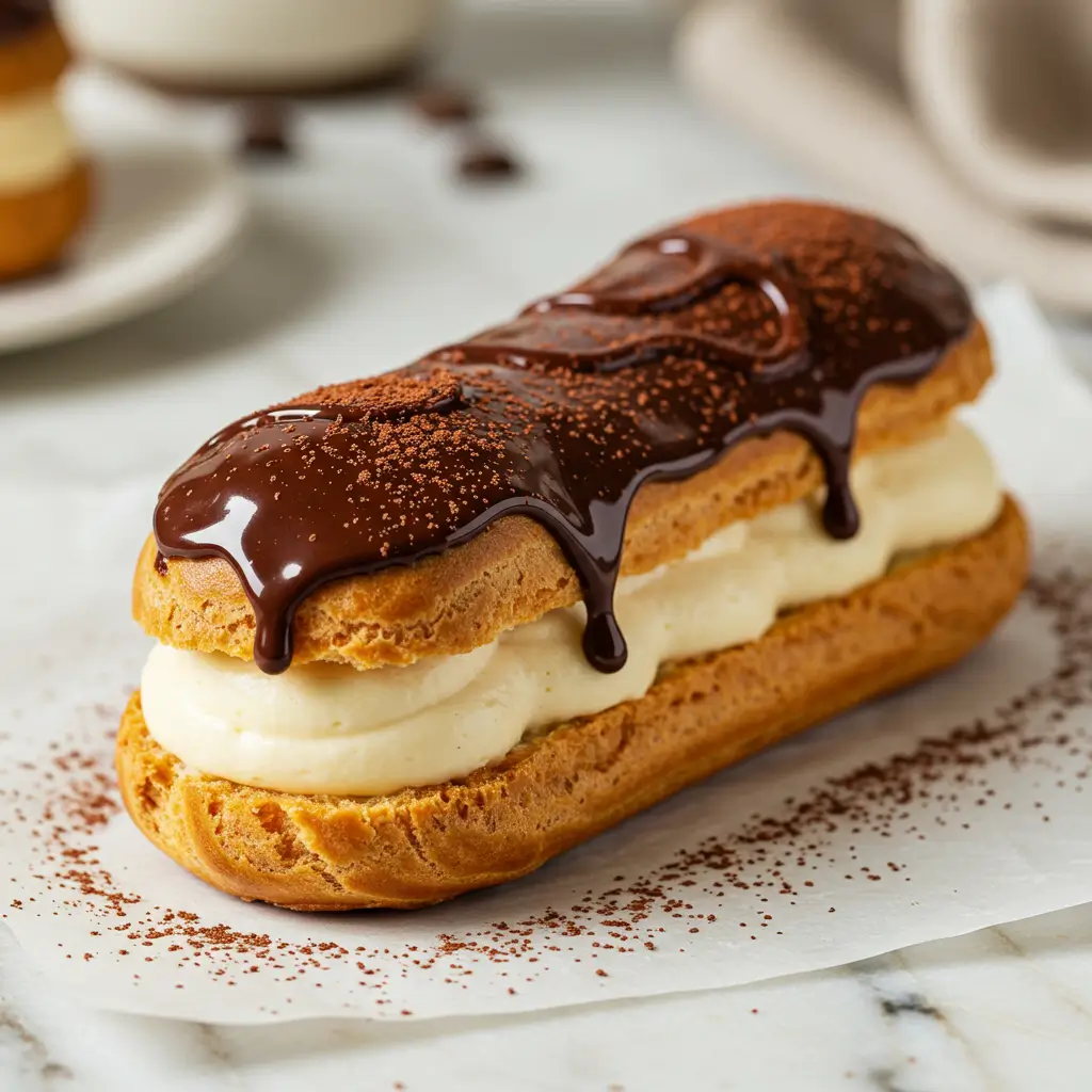 Hands assembling an Eclair Tiramisu, surrounded by ingredients and various stages of the recipe like baked shells and tiramisu filling."