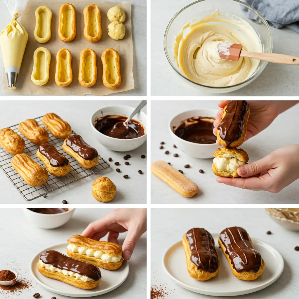 Hands assembling an Eclair Tiramisu, surrounded by ingredients and various stages of the recipe like baked shells and tiramisu filling."