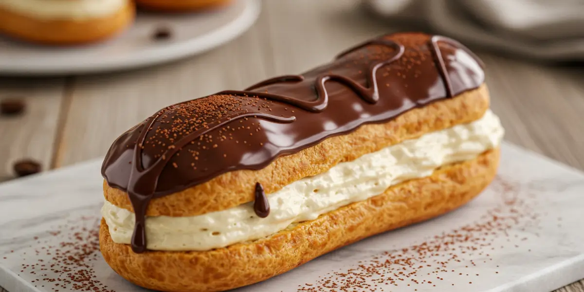 Visual steps for making Eclair Tiramisu: from choux pastry and cream to finished glazed desserts