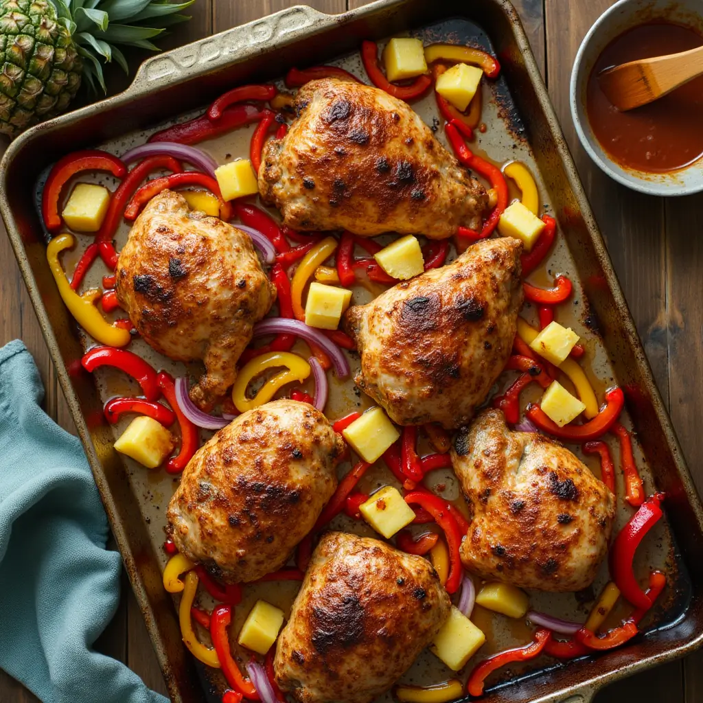 Plated servings of Hawaiian Chicken Sheet Pan with roasted chicken, bell peppers, pineapple, and rice on a tropical-themed table.