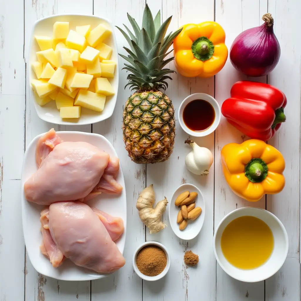 Plated servings of Hawaiian Chicken Sheet Pan with roasted chicken, bell peppers, pineapple, and rice on a tropical-themed table.
