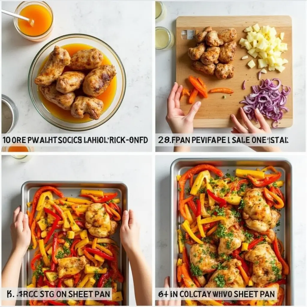 Plated servings of Hawaiian Chicken Sheet Pan with roasted chicken, bell peppers, pineapple, and rice on a tropical-themed table.