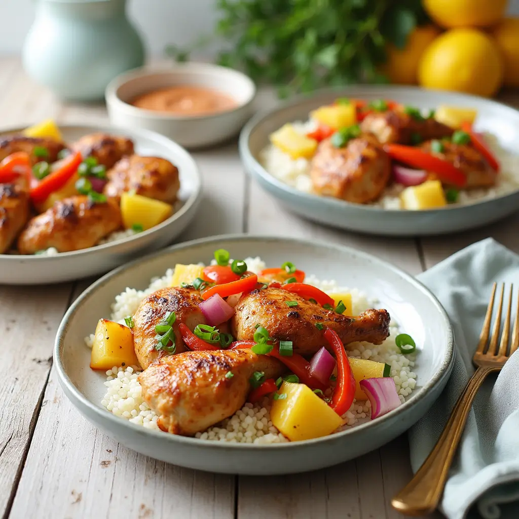 Plated servings of Hawaiian Chicken Sheet Pan with roasted chicken, bell peppers, pineapple, and rice on a tropical-themed table.