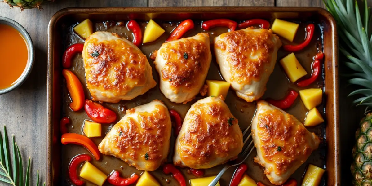 Plated servings of Hawaiian Chicken Sheet Pan with roasted chicken, bell peppers, pineapple, and rice on a tropical-themed table.