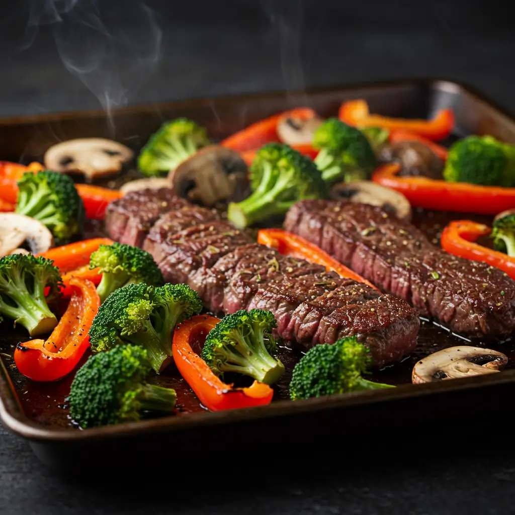 A plated serving of delicious Sheet Pan Steak with a side of colorful roasted vegetables.
