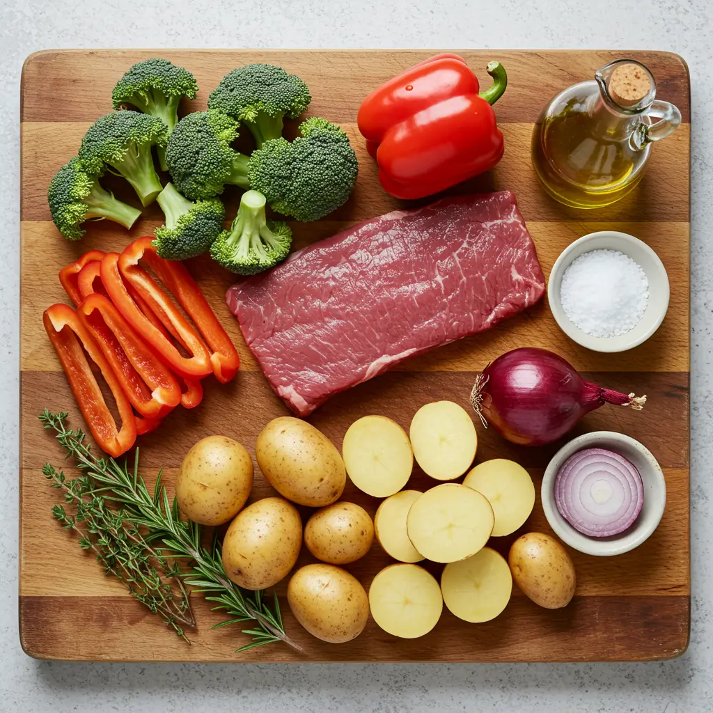 Fresh raw ingredients for Sheet Pan Steak: flank steak, broccoli, bell peppers, potatoes, and herbs.