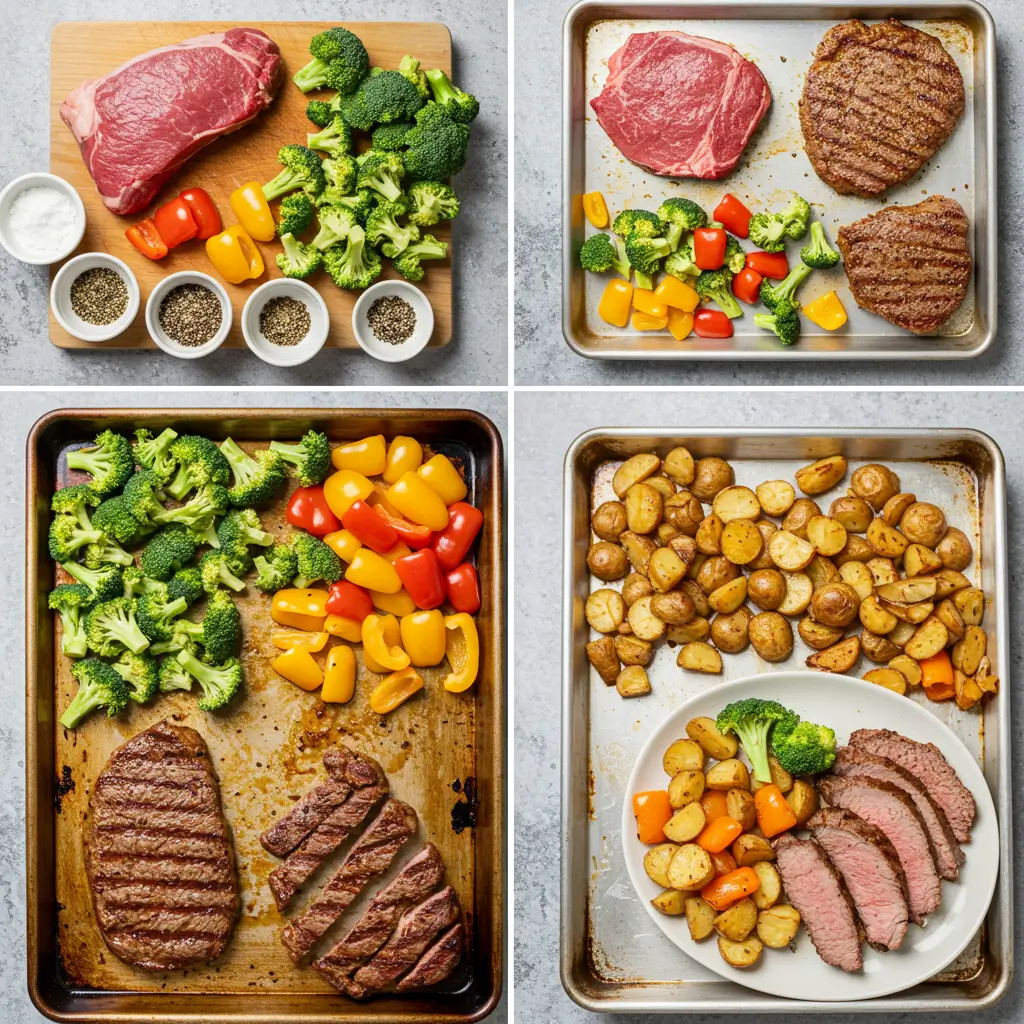Step-by-step collage: making Sheet Pan Steak from raw ingredients to plated dish