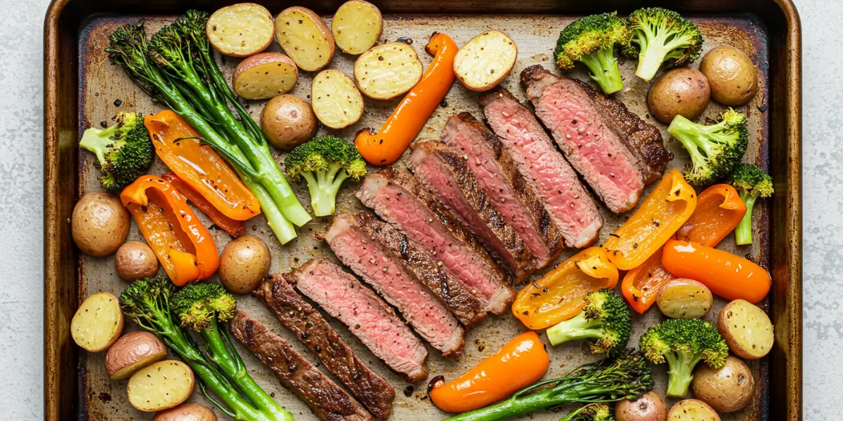 Deliciously cooked Sheet Pan Steak with vibrant roasted vegetables ready to eat