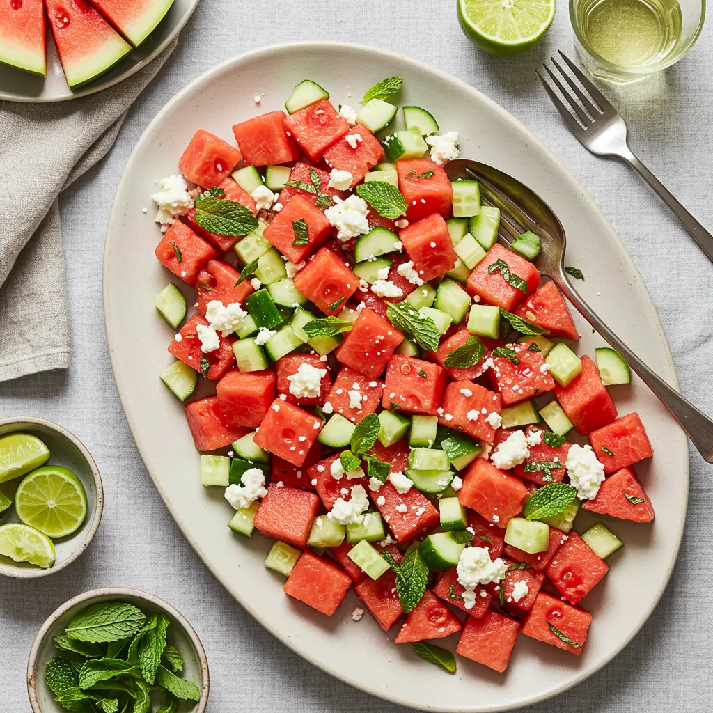 Vibrant bowl of Watermelon Cucumber Salad with feta and mint, perfectly dressed and ready to eat.
