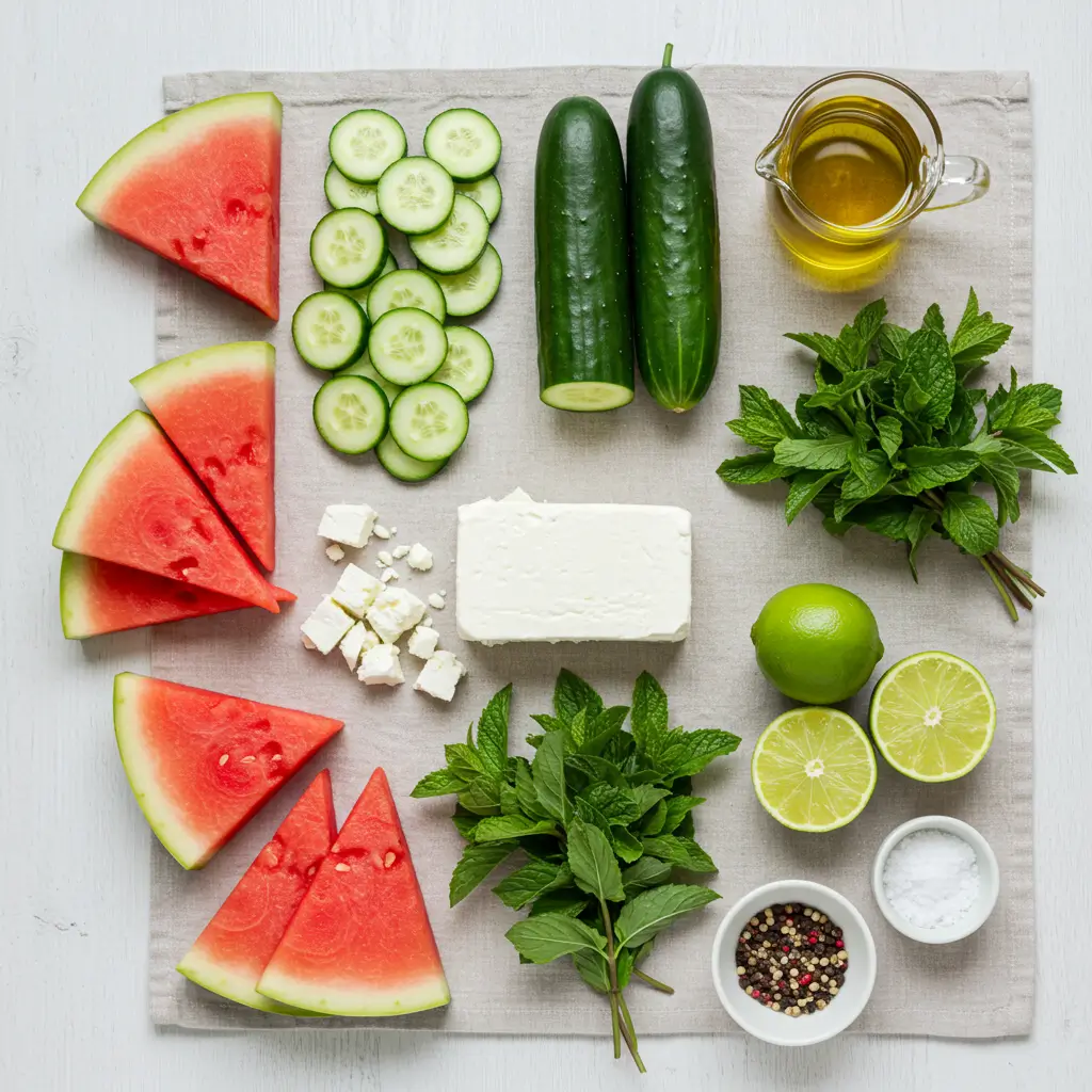 Fresh ingredients for Watermelon Cucumber Salad: watermelon, cucumber, feta, mint, lime, and olive oil laid out on a light surface.