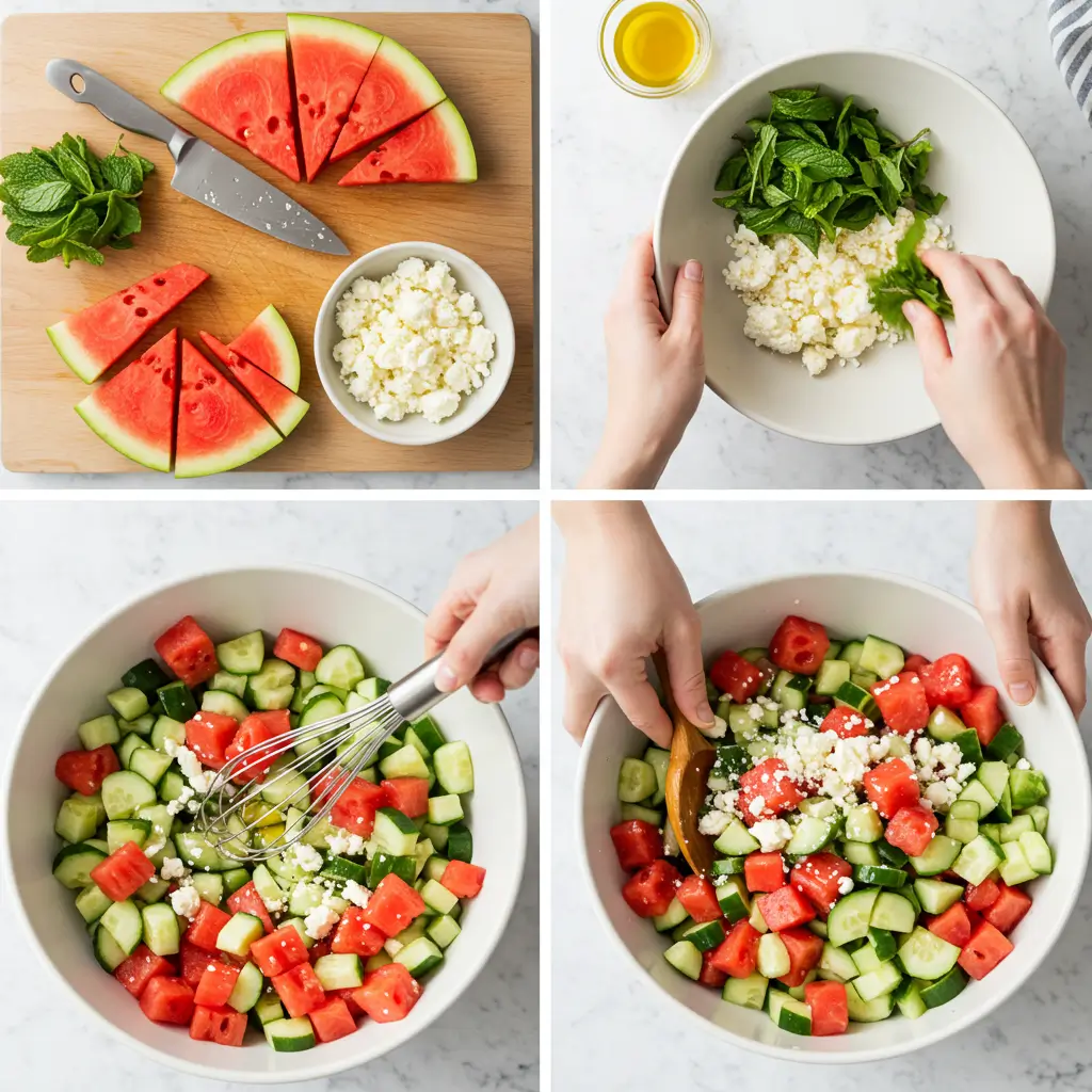 Hands chopping fresh watermelon and cucumber into cubes on a wooden cutting board for Watermelon Cucumber Salad