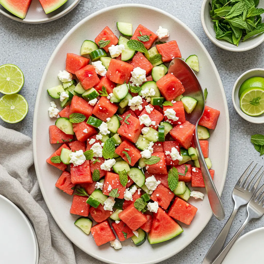 Vibrant bowl of Watermelon Cucumber Salad with feta and mint, perfectly dressed and ready to eat.