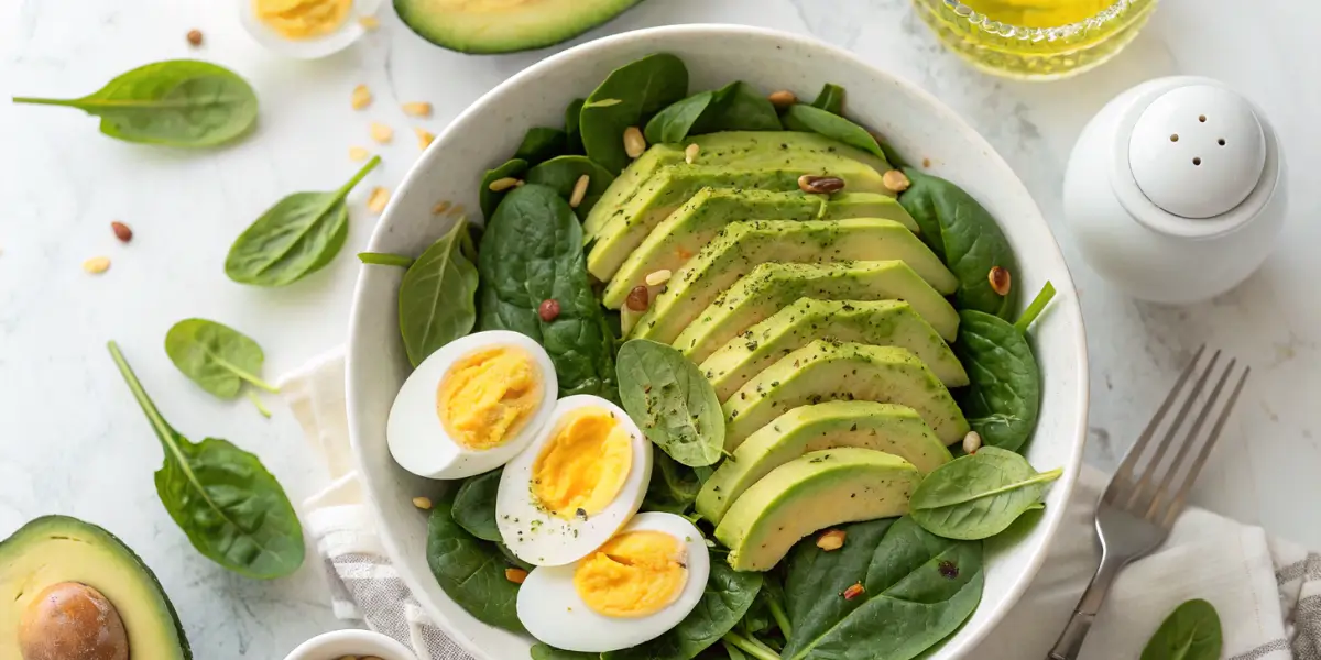 Healthy avocado egg and spinach salad in white bowl with sliced avocado and hard-boiled eggs on fresh spinach leaves