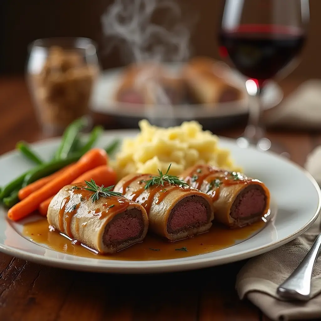 Beef rolls plated with creamy mashed potatoes and brown gravy on a white ceramic plate.