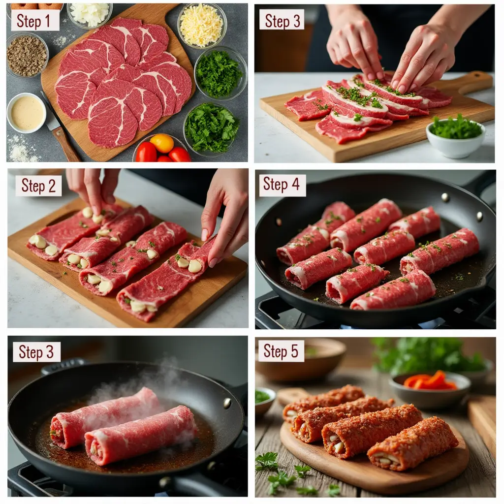 Dinner setting with beef rolls, vegetables, and a glass of red wine on a wooden table.