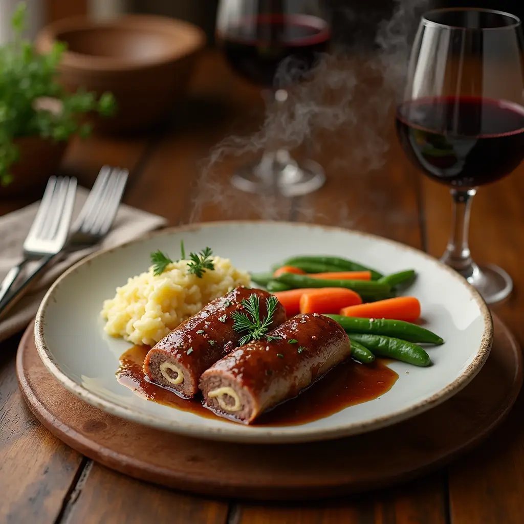 A plate of home-style beef rolls served with steamed carrots and green beans.