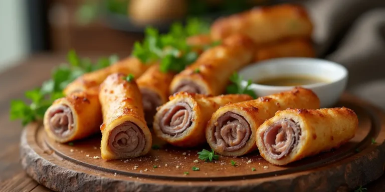 A plate of home-style beef rolls served with steamed carrots and green beans.