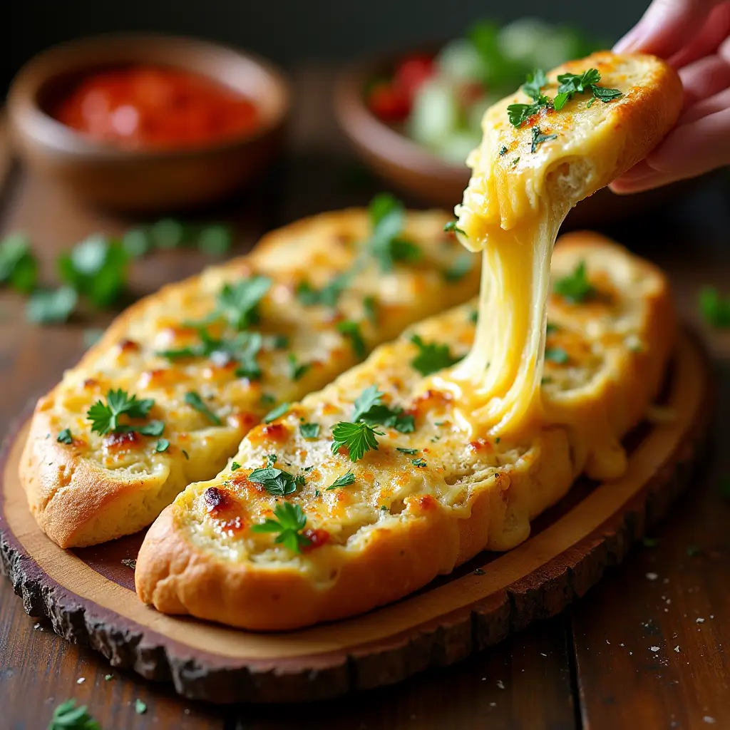 Freshly baked cheesy garlic bread with golden crust, gooey melted cheese, and parsley on a rustic wooden board.