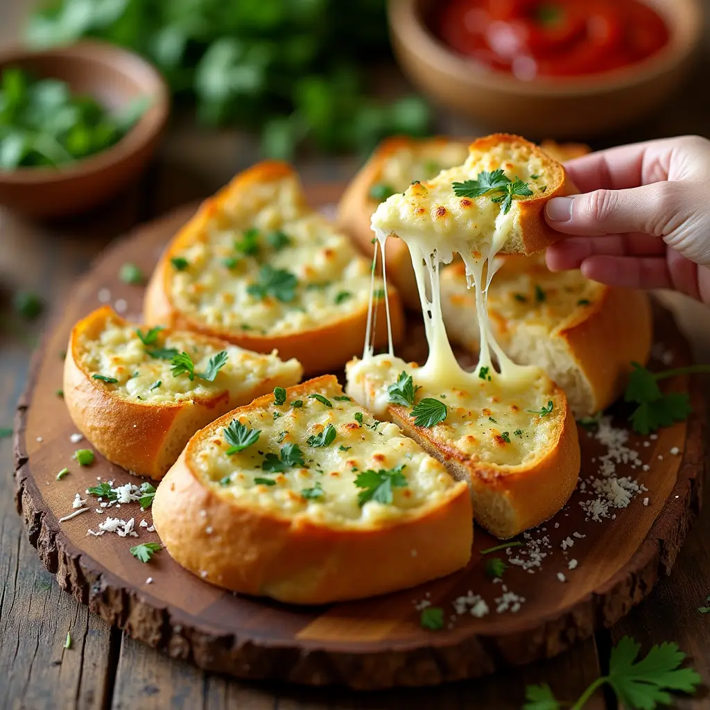 Freshly baked cheesy garlic bread with golden crust, gooey melted cheese, and parsley on a rustic wooden board.