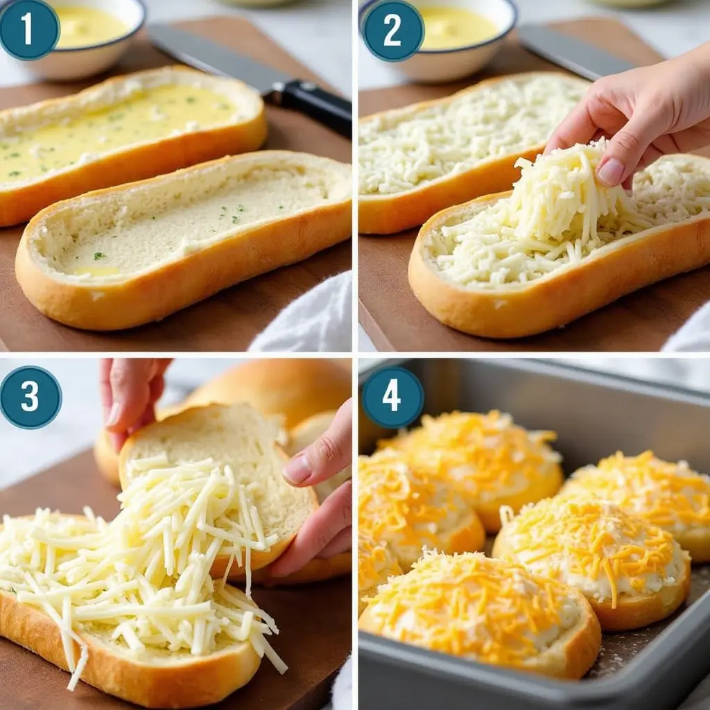 Freshly baked cheesy garlic bread with golden crust, gooey melted cheese, and parsley on a rustic wooden board.