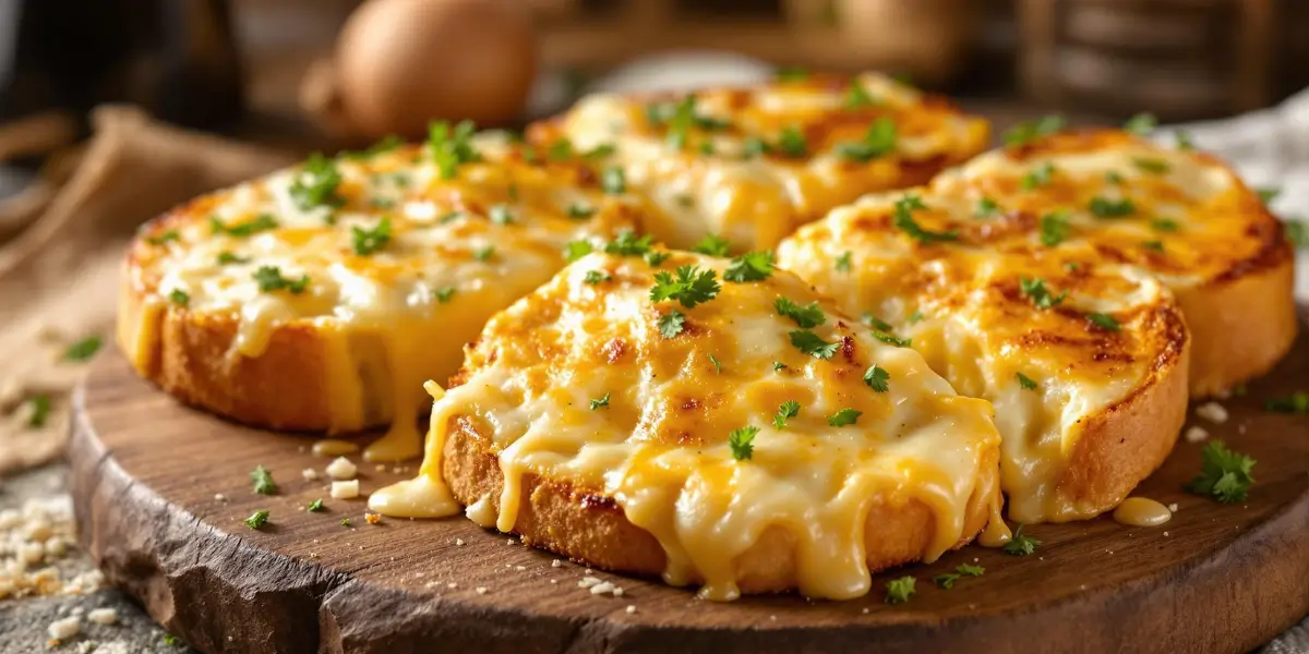Freshly baked cheesy garlic bread with golden crust, gooey melted cheese, and parsley on a rustic wooden board.