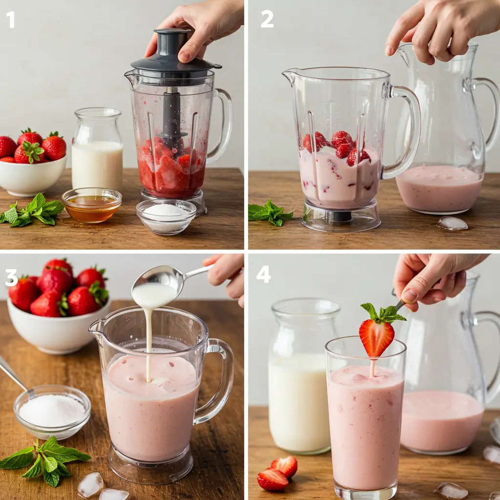 Multiple glasses of creamy strawberry agua fresca garnished with mint and fresh strawberries, served with a glass pitcher on a bright summer table.