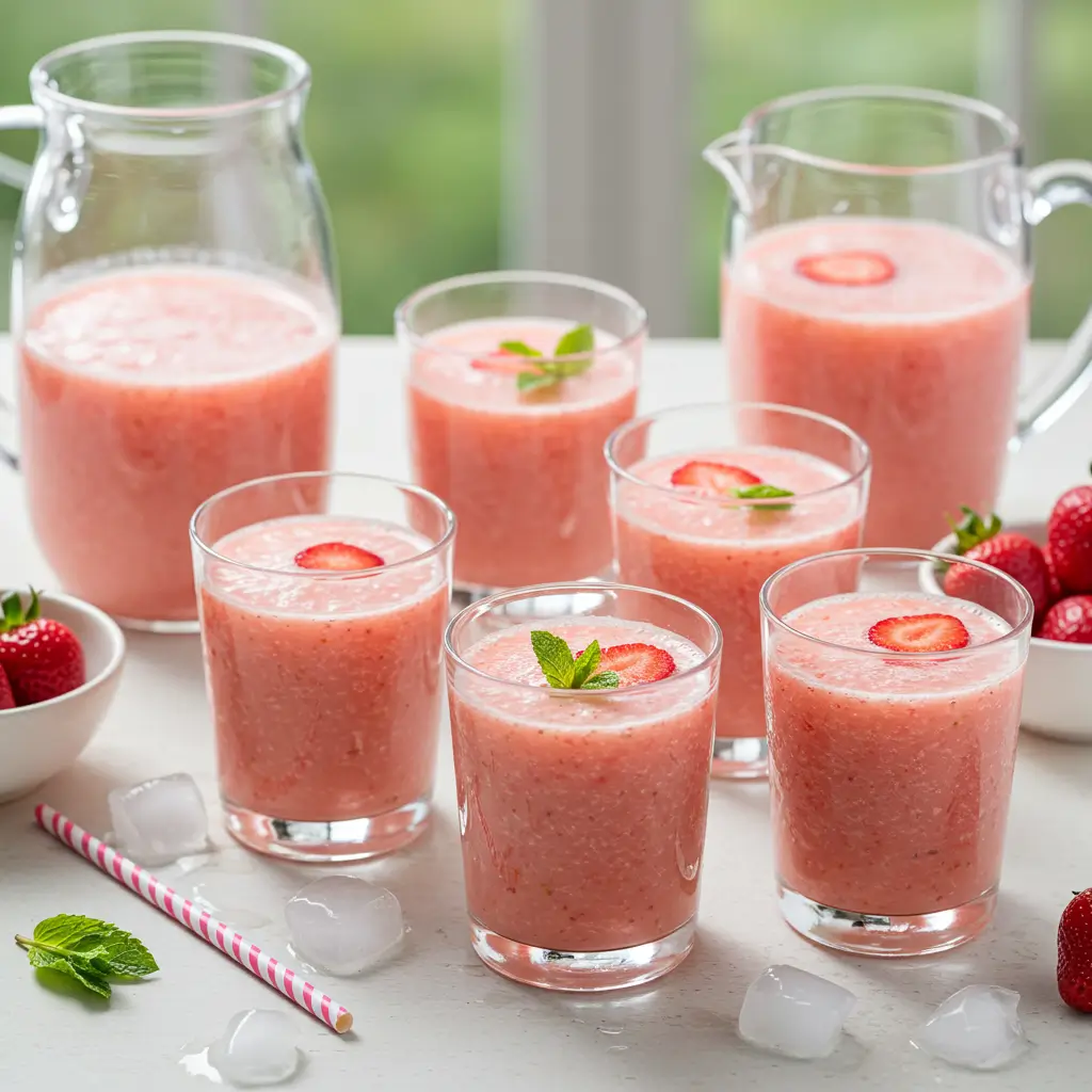 Multiple glasses of creamy strawberry agua fresca garnished with mint and fresh strawberries, served with a glass pitcher on a bright summer table.