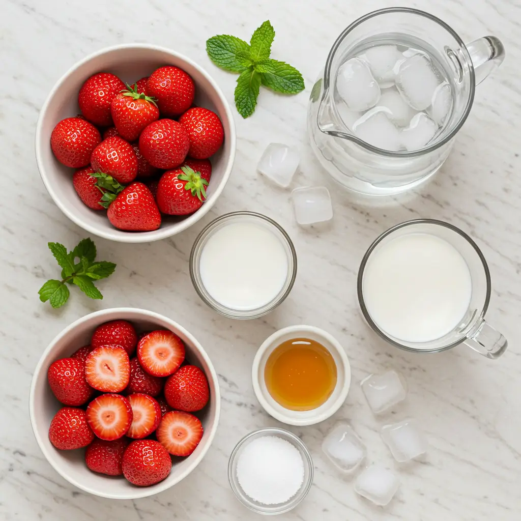 Creamy strawberry agua fresca served over ice with fresh strawberry slices and mint — perfect for sunny days and backyard gatherings.