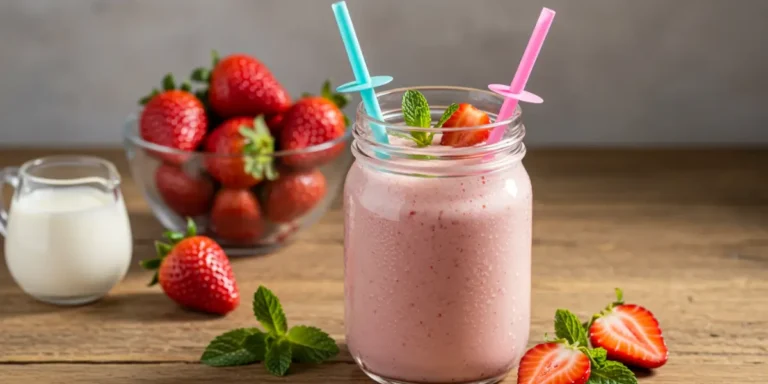 Multiple glasses of creamy strawberry agua fresca garnished with mint and fresh strawberries, served with a glass pitcher on a bright summer table.