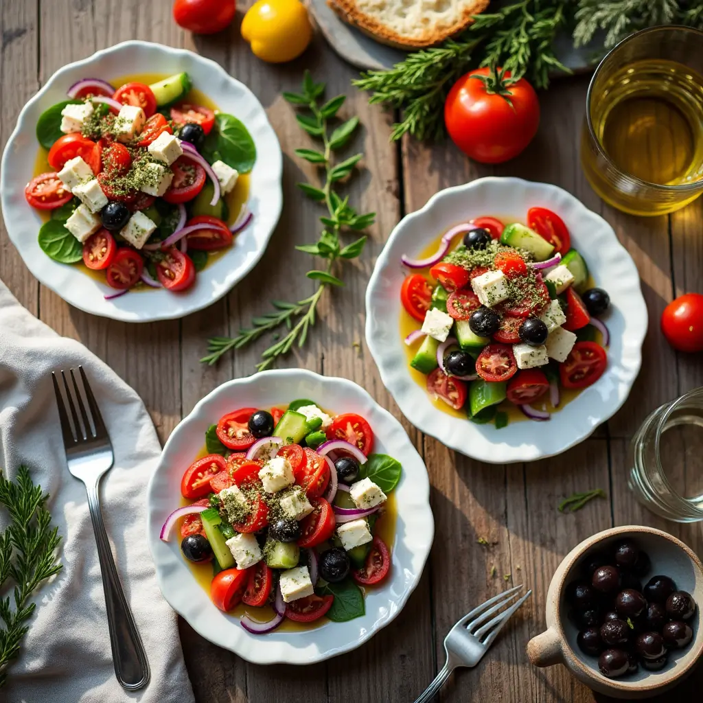 Vibrant Greek salad in a white ceramic bowl with ripe tomatoes, cucumbers, red onions, Kalamata olives, and a block of feta cheese, drizzled with olive oil and oregano, set on a rustic wooden table with a sunlit Mediterranean background.