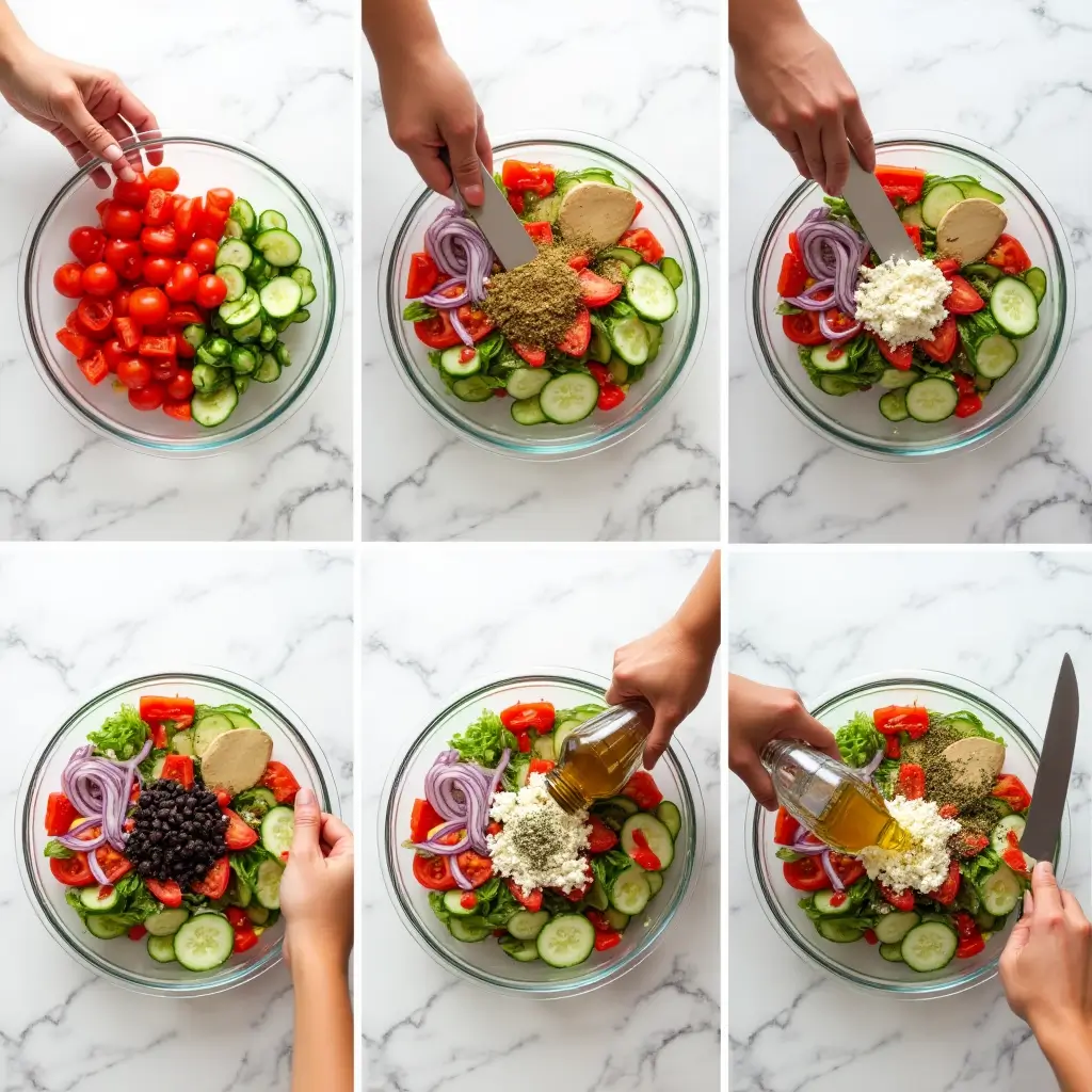 Vibrant Greek salad in a white ceramic bowl with ripe tomatoes, cucumbers, red onions, Kalamata olives, and a block of feta cheese, drizzled with olive oil and oregano, set on a rustic wooden table with a sunlit Mediterranean background.