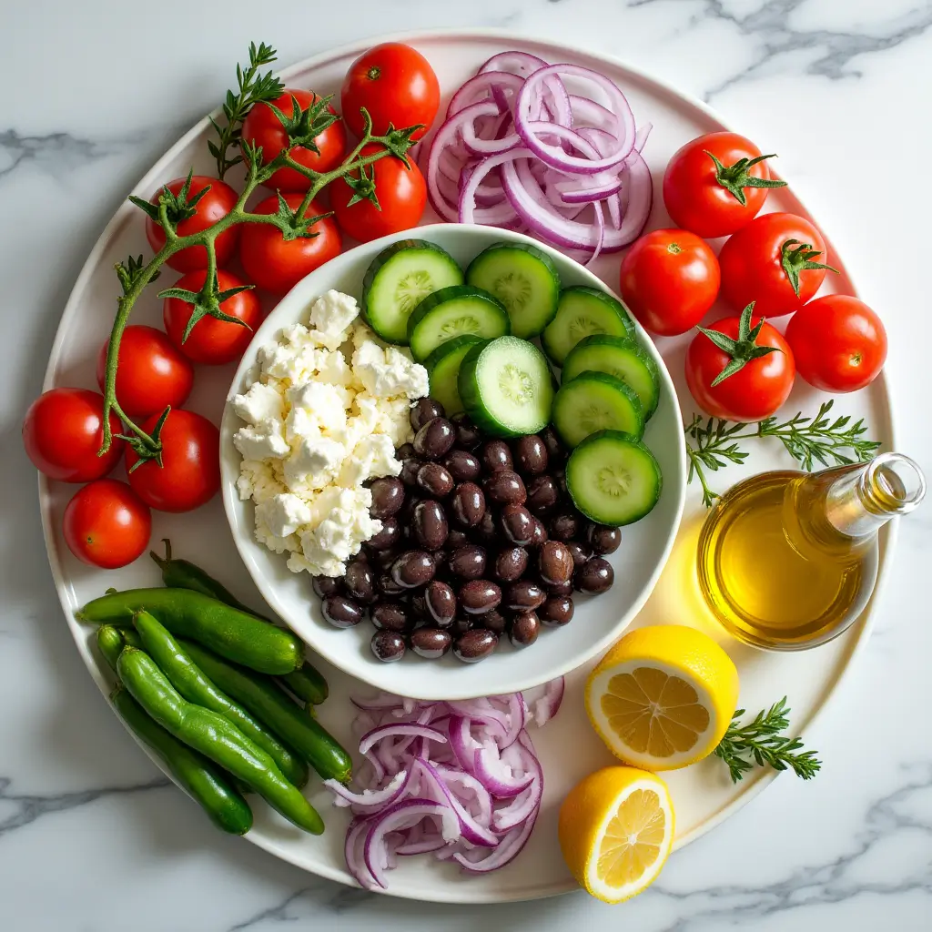 Vibrant Greek salad in a white ceramic bowl with ripe tomatoes, cucumbers, red onions, Kalamata olives, and a block of feta cheese, drizzled with olive oil and oregano, set on a rustic wooden table with a sunlit Mediterranean background.