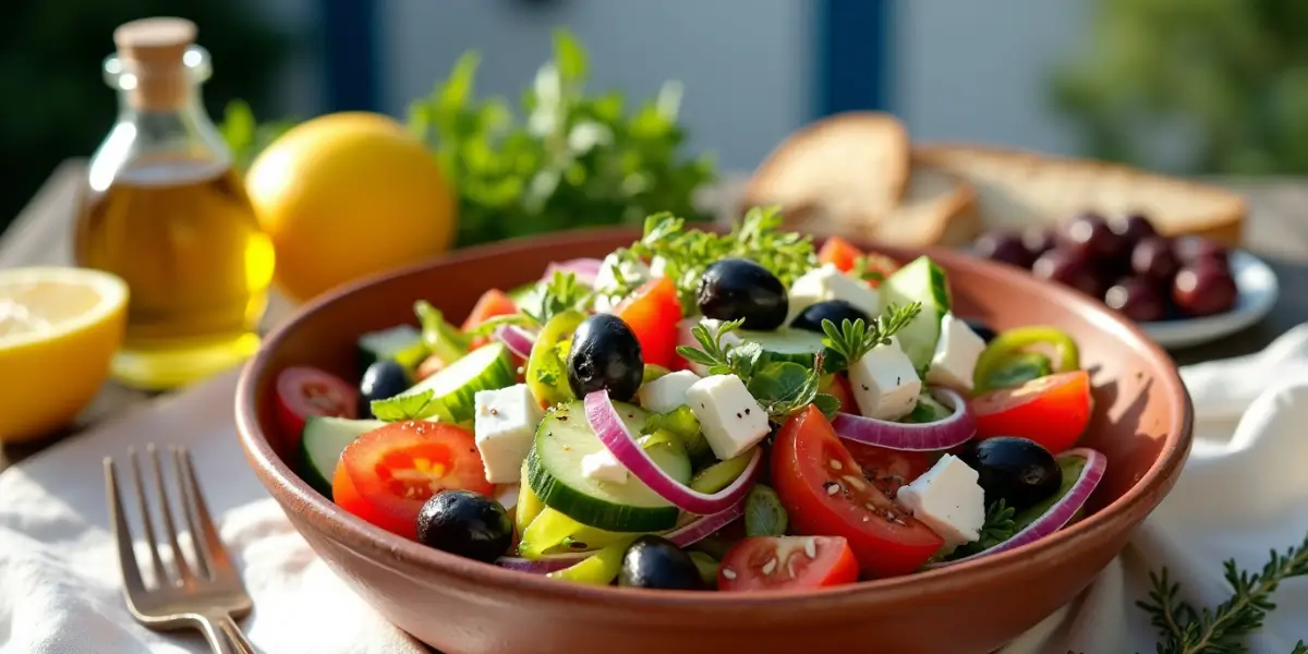 Vibrant Greek salad in a white ceramic bowl with ripe tomatoes, cucumbers, red onions, Kalamata olives, and a block of feta cheese, drizzled with olive oil and oregano, set on a rustic wooden table with a sunlit Mediterranean background.