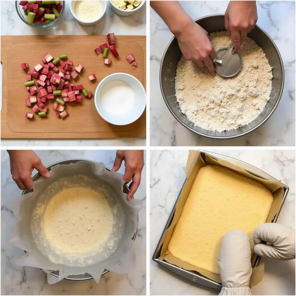 Close-up of rhubarb custard bars topped with powdered sugar on a wooden plate
