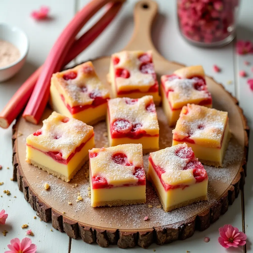 Close-up of rhubarb custard bars topped with powdered sugar on a wooden plate