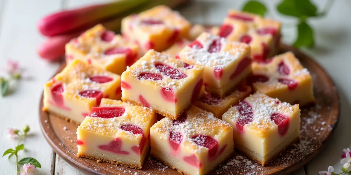 Close-up of rhubarb custard bars topped with powdered sugar on a wooden plate