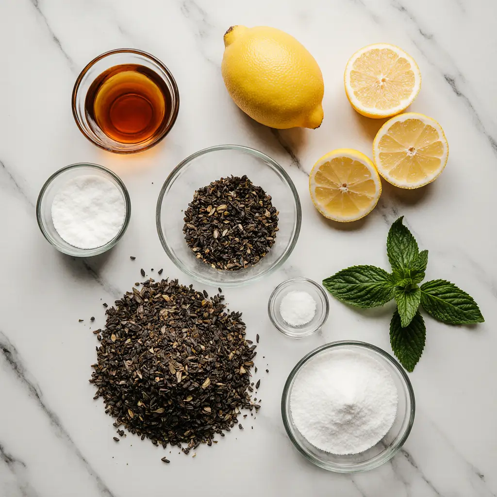 Ingredients for an iced tea recipe arranged in a flat lay on a marble surface, including black tea bags, loose-leaf tea, a fresh lemon, mint, and sugar.