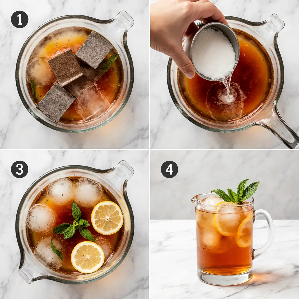 A 4-panel collage showing the steps for this iced tea recipe: 1. Steeping tea bags in hot water. 2. Adding sugar. 3. Pouring concentrate into a pitcher. 4. The final pitcher of iced tea.
