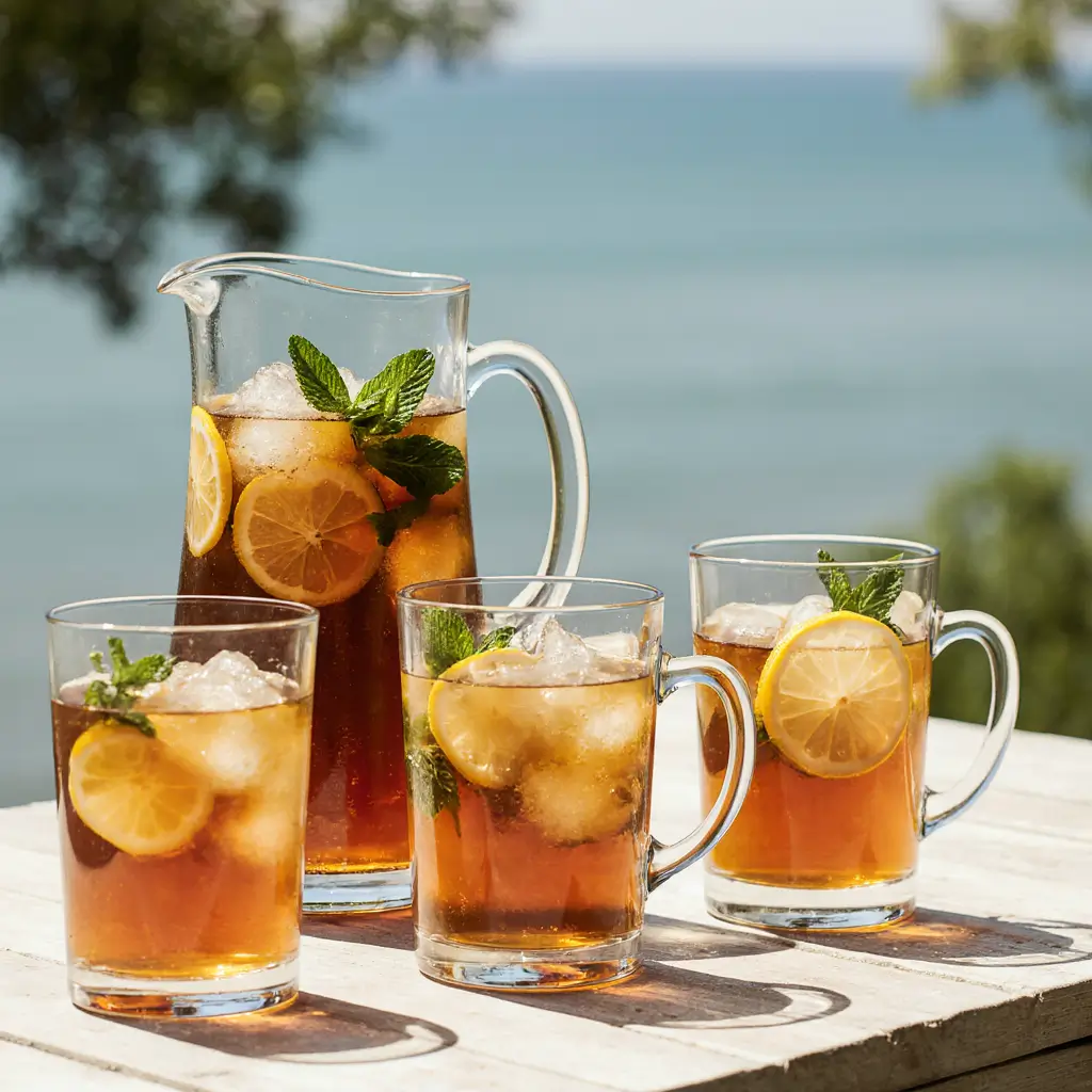 A beautiful pitcher of freshly made iced tea served in glasses on a sunny patio table, ready for sharing. This demonstrates the final result of the iced tea recipe.