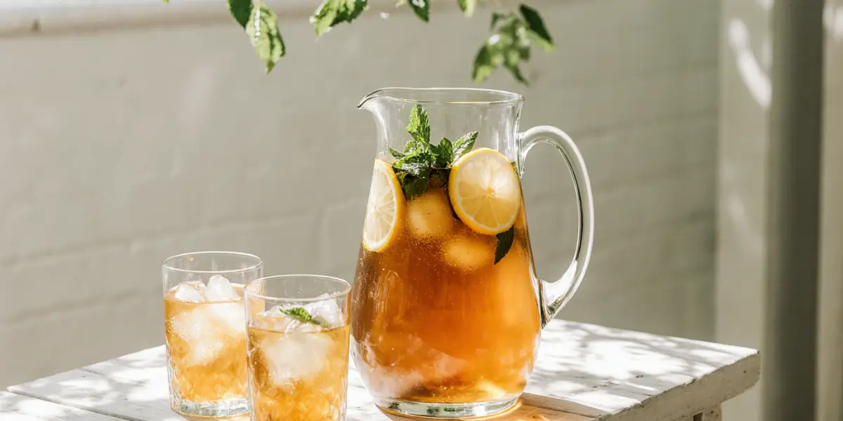 A tall, beautiful glass of crystal-clear iced tea from a homemade iced tea recipe, glistening with condensation and garnished with a lemon wheel and mint.