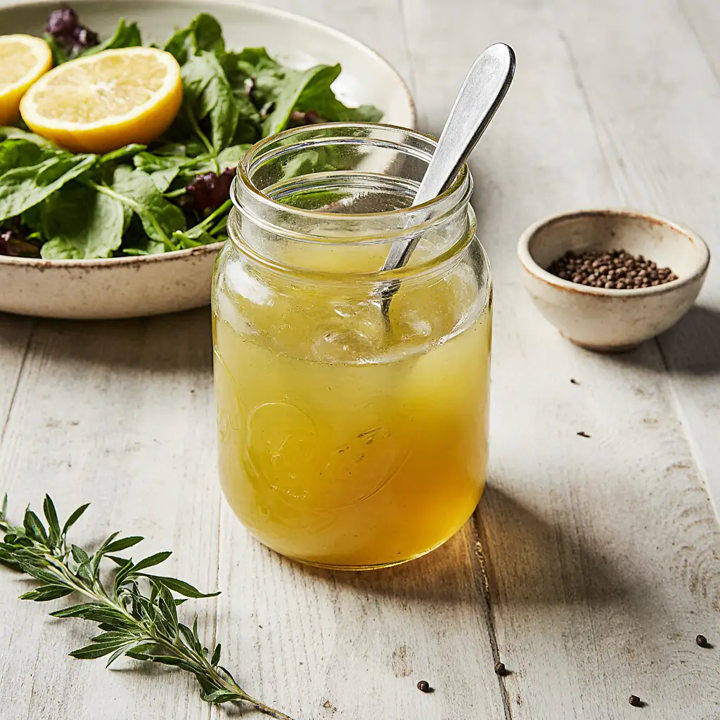Fresh lemon vinaigrette recipe being drizzled over mixed greens with lemons, olive oil, and ingredients on white background