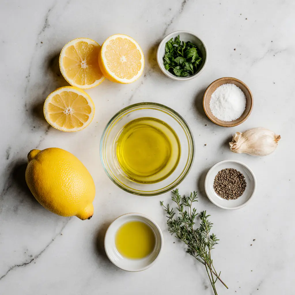 Fresh lemon vinaigrette recipe being drizzled over mixed greens with lemons, olive oil, and ingredients on white background