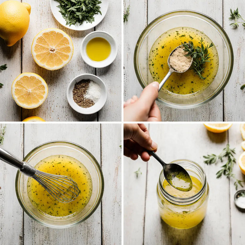 Fresh lemon vinaigrette recipe being drizzled over mixed greens with lemons, olive oil, and ingredients on white background