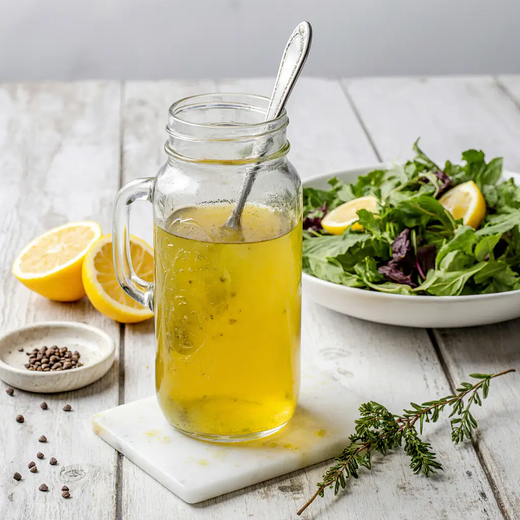 Fresh lemon vinaigrette recipe being drizzled over mixed greens with lemons, olive oil, and ingredients on white background